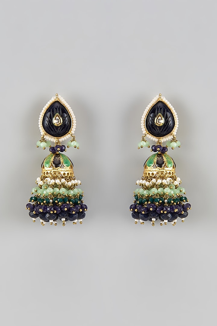 Gold Finish Blue Agate Stone & Beaded Meenakari Dangler Earrings by Kohar By Kanika at Pernia's Pop Up Shop