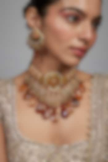 Gold Finish Orange Agate Stone & Pearl Meenakari Choker Necklace Set by Kohar By Kanika at Pernia's Pop Up Shop