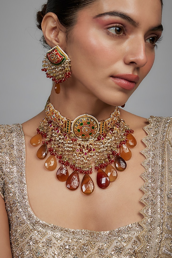 Gold Finish Orange Agate Stone & Pearl Meenakari Choker Necklace Set by Kohar By Kanika at Pernia's Pop Up Shop