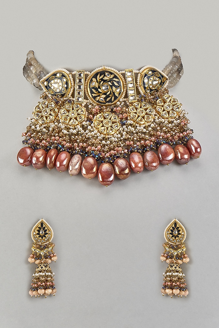 Gold Finish Blue Agate Stone & Pearl Meenakari Choker Necklace Set by Kohar By Kanika at Pernia's Pop Up Shop