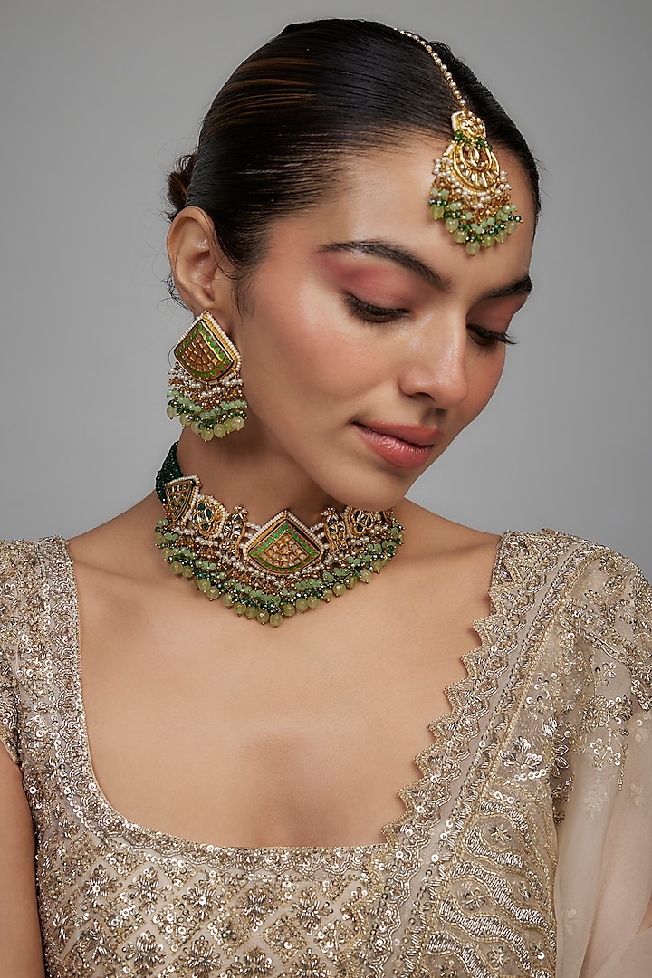 Gold Finish Green Agate Stone & Pearl Meenakari Choker Necklace Set by Kohar By Kanika at Pernia's Pop Up Shop