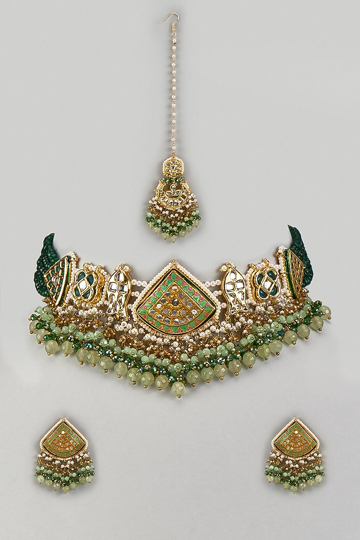 Gold Finish Green Agate Stone & Pearl Meenakari Choker Necklace Set by Kohar By Kanika at Pernia's Pop Up Shop