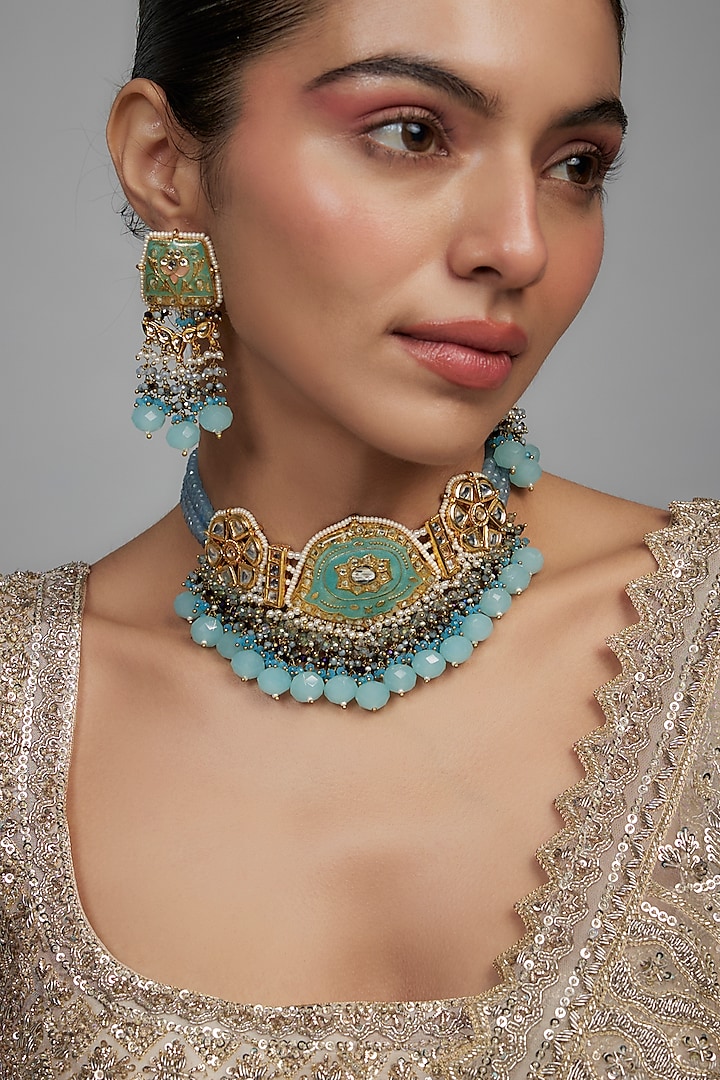 Gold Finish Blue Agate Stone & Pearl Meenakari Choker Necklace Set by Kohar By Kanika at Pernia's Pop Up Shop