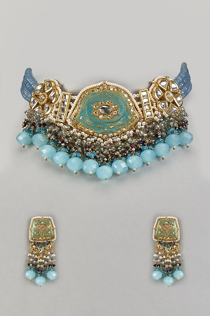 Gold Finish Blue Agate Stone & Pearl Meenakari Choker Necklace Set by Kohar By Kanika at Pernia's Pop Up Shop