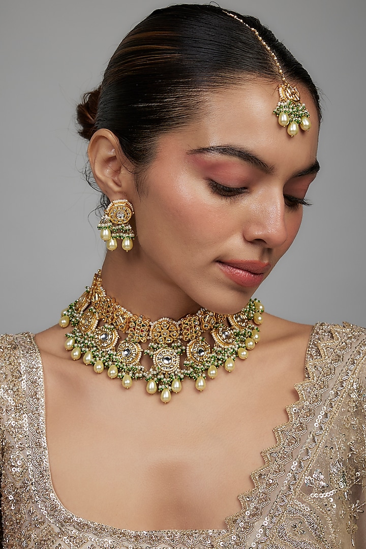 Gold Finish Green Agate Stone & Pearl Meenakari Choker Necklace Set by Kohar By Kanika at Pernia's Pop Up Shop