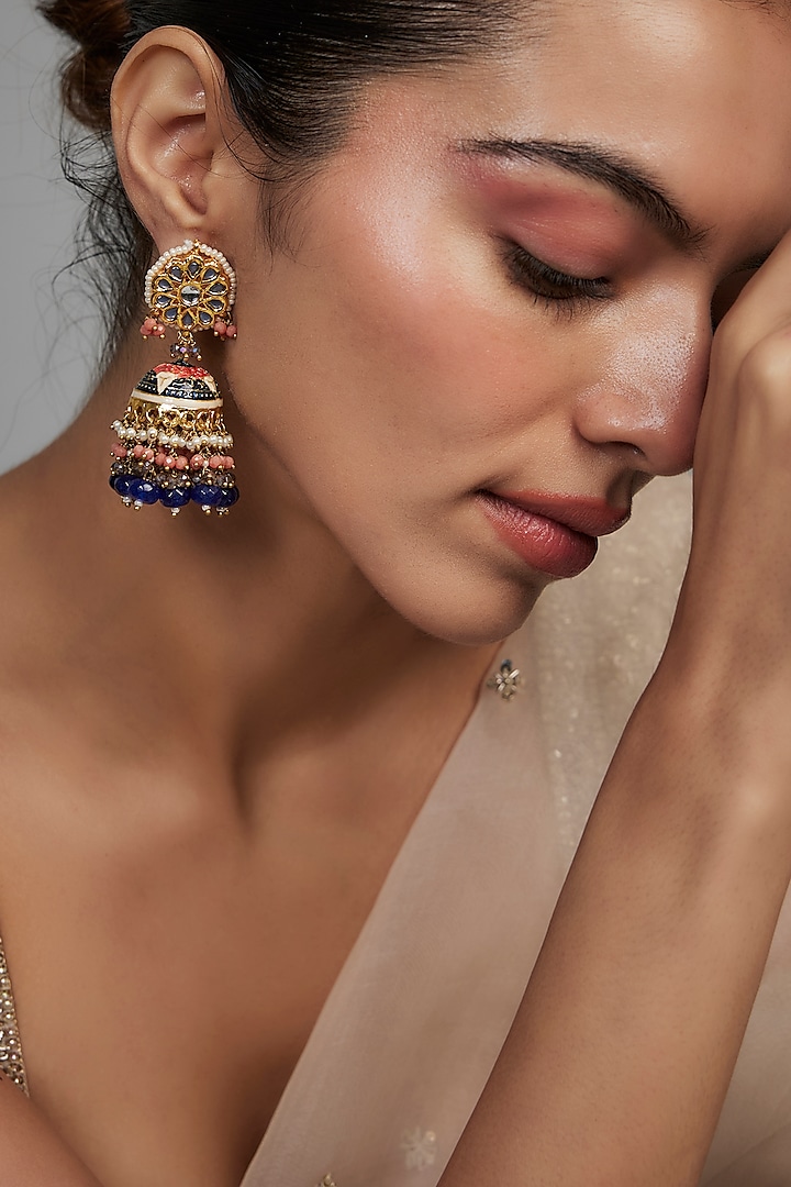 Gold Finish Blue Agate Stone & Pearl Meenakari Dangler Earrings by Kohar By Kanika at Pernia's Pop Up Shop