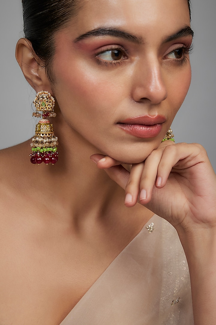 Gold Finish Red Agate Stone & Pearl Meenakari Dangler Earrings by Kohar By Kanika at Pernia's Pop Up Shop