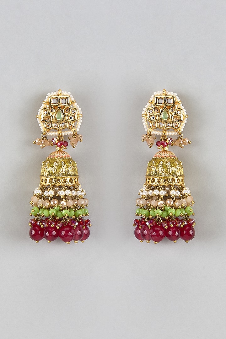 Gold Finish Red Agate Stone & Pearl Meenakari Dangler Earrings by Kohar By Kanika at Pernia's Pop Up Shop