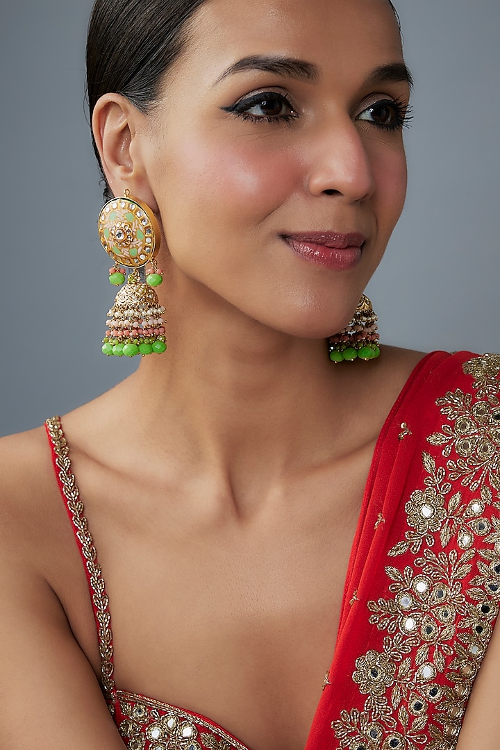 Gold Finish Green Agate Stone & Pearl Meenakari Dangler Earrings by Kohar By Kanika at Pernia's Pop Up Shop