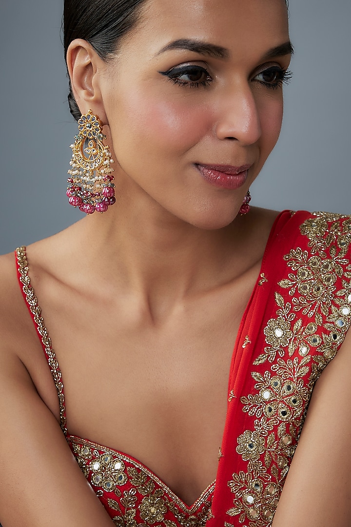 Gold Finish Pink Agate Stone & Pearl Meenakari Dangler Earrings by Kohar By Kanika at Pernia's Pop Up Shop