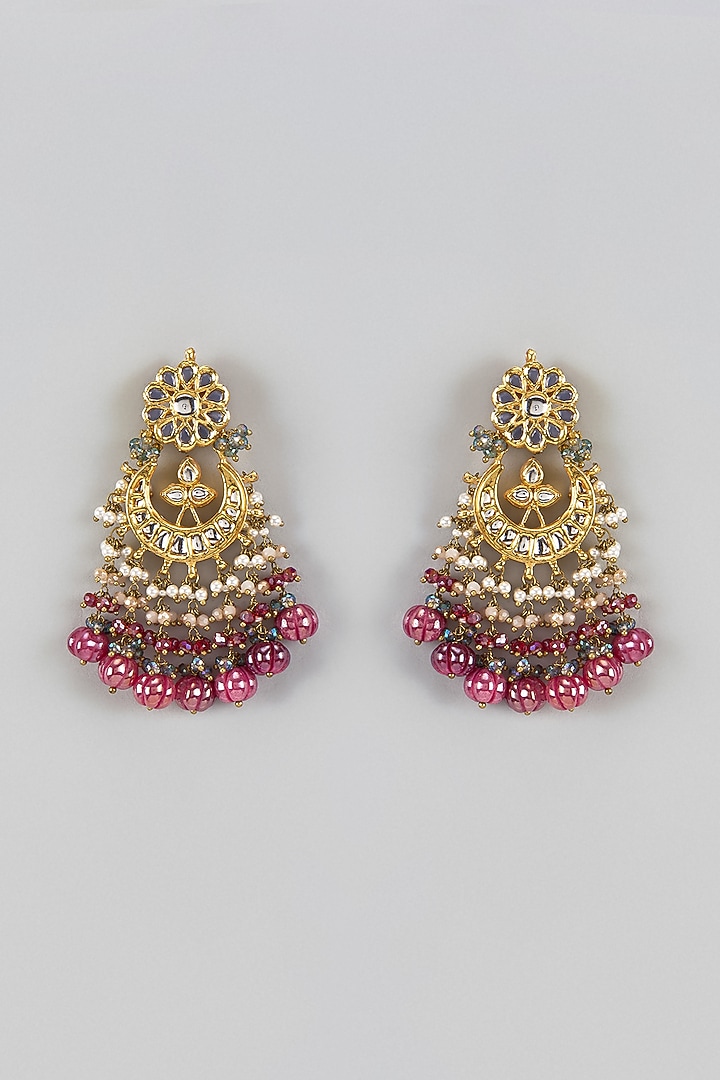 Gold Finish Pink Agate Stone & Pearl Meenakari Dangler Earrings by Kohar By Kanika at Pernia's Pop Up Shop