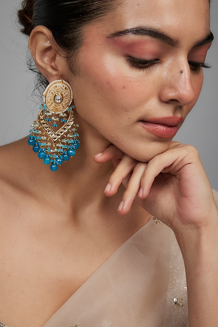 Gold Finish Blue Agate Stone & Pearl Meenakari Dangler Earrings by Kohar By Kanika at Pernia's Pop Up Shop