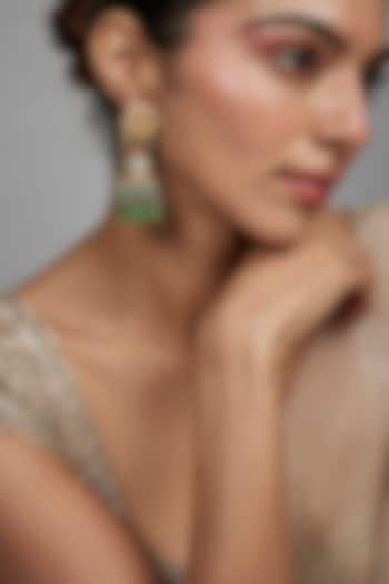 Gold Finish Green Agate Stone & Pearl Meenakari Dangler Earrings by Kohar By Kanika at Pernia's Pop Up Shop