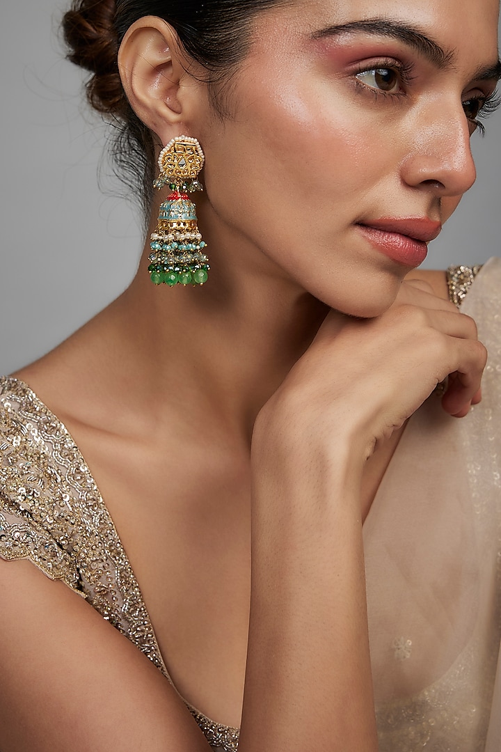 Gold Finish Green Agate Stone & Pearl Meenakari Dangler Earrings by Kohar By Kanika at Pernia's Pop Up Shop