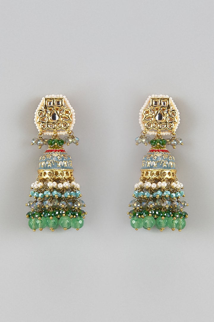 Gold Finish Green Agate Stone & Pearl Meenakari Dangler Earrings by Kohar By Kanika at Pernia's Pop Up Shop