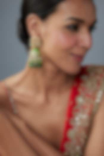 Gold Finish Green Agate Stone & Pearl Meenakari Dangler Earrings by Kohar By Kanika at Pernia's Pop Up Shop