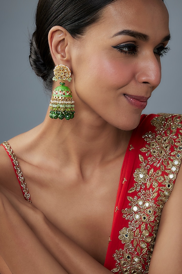 Gold Finish Green Agate Stone & Pearl Meenakari Dangler Earrings by Kohar By Kanika at Pernia's Pop Up Shop