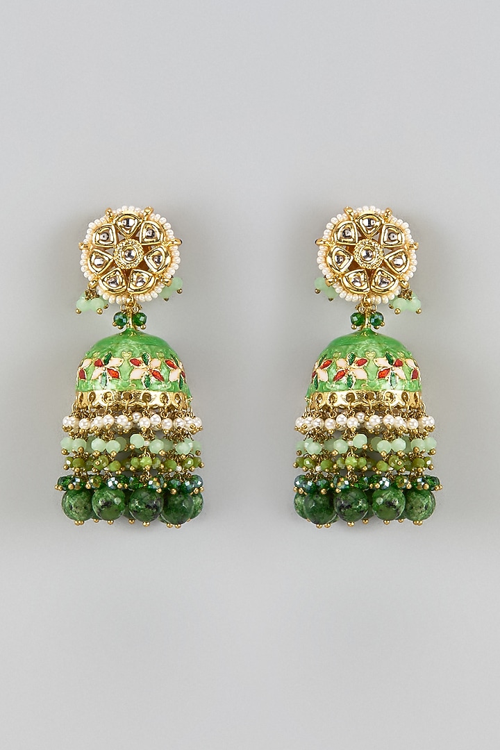 Gold Finish Green Agate Stone & Pearl Meenakari Dangler Earrings by Kohar By Kanika at Pernia's Pop Up Shop