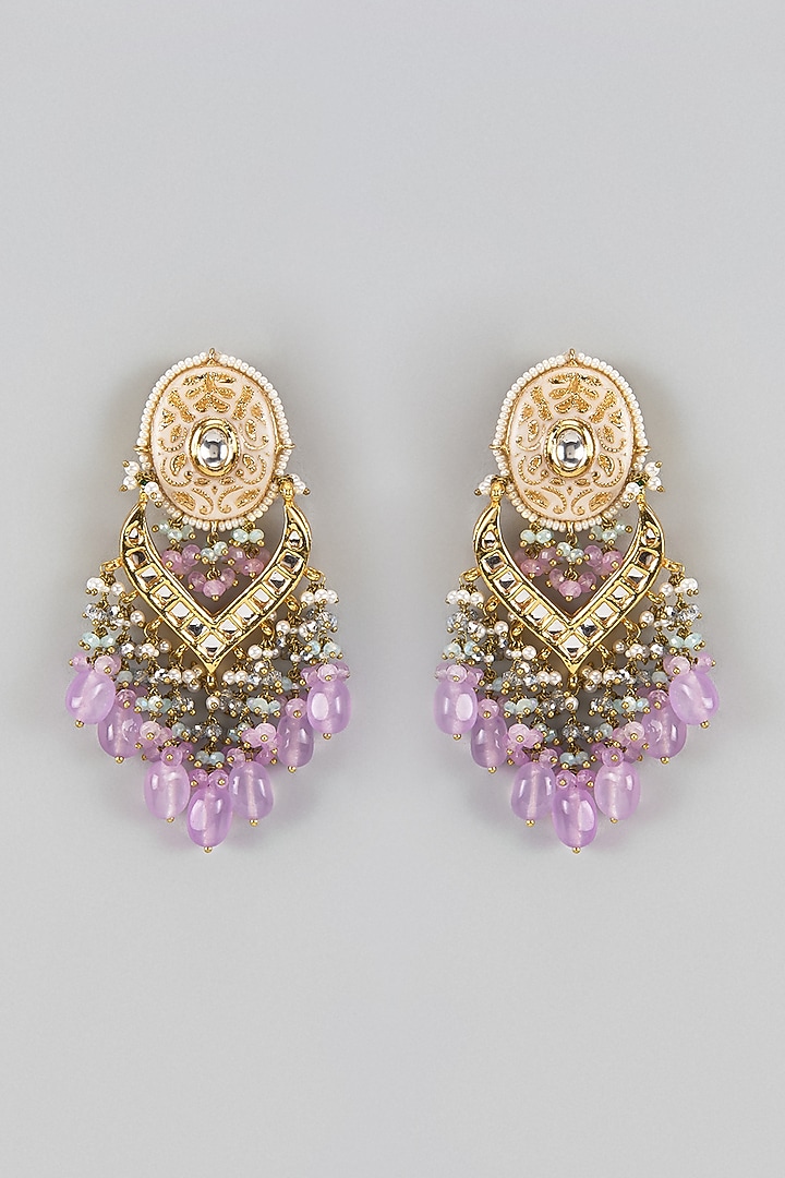 Gold Finish Purple Agate Stone & Pearl Meenakari Dangler Earrings by Kohar By Kanika at Pernia's Pop Up Shop
