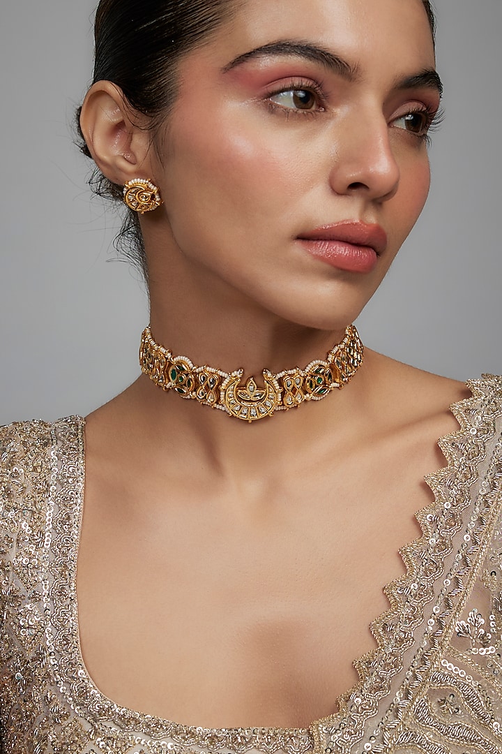 Gold Finish White Agate Stone & Pearl Meenakari Choker Necklace Set by Kohar By Kanika at Pernia's Pop Up Shop