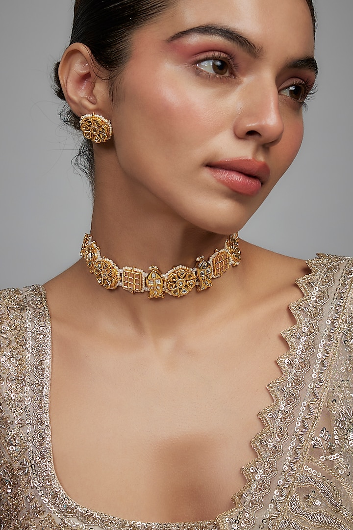 Gold Finish White Agate Stone & Pearl Meenakari Choker Necklace Set by Kohar By Kanika at Pernia's Pop Up Shop