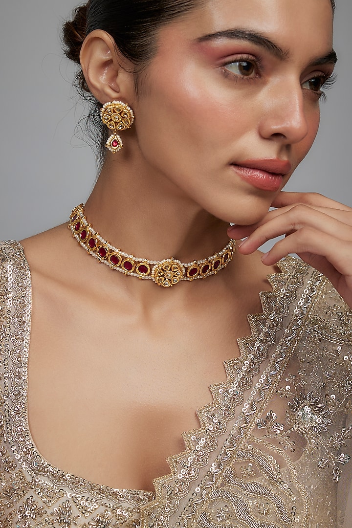 Gold Finish Red Kundan Polki & Pearl Meenakari Choker Necklace Set by Kohar By Kanika at Pernia's Pop Up Shop