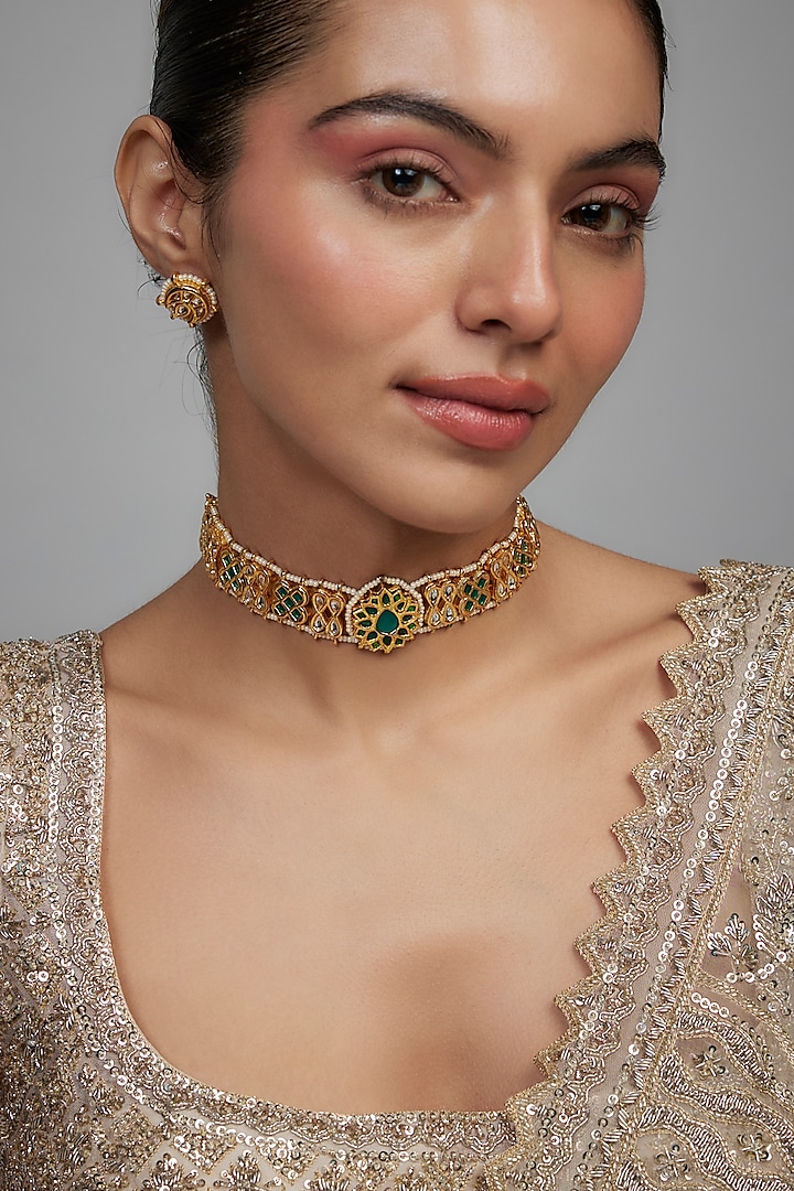 Gold Finish Green Kundan Polki & Pearl Meenakari Choker Necklace Set by Kohar By Kanika at Pernia's Pop Up Shop