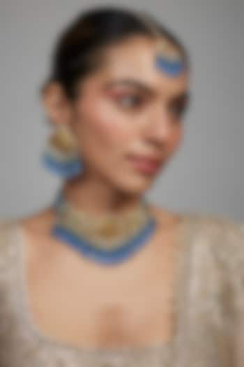 Gold Finish Blue Agate Stone & Pearl Meenakari Choker Necklace Set by Kohar By Kanika at Pernia's Pop Up Shop