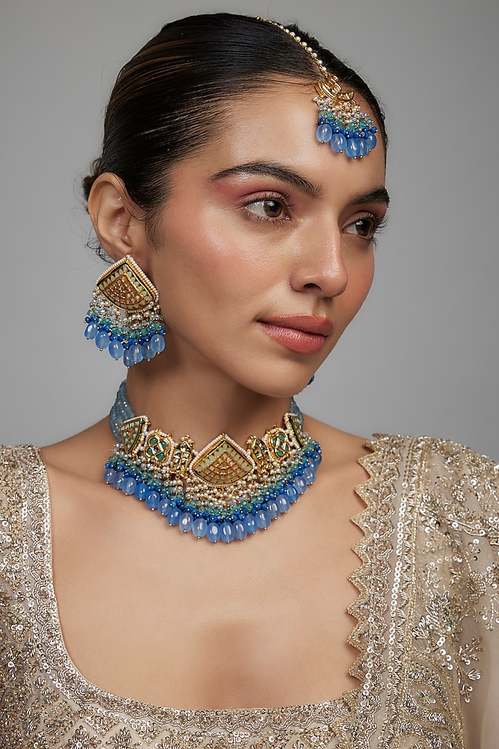 Gold Finish Blue Agate Stone & Pearl Meenakari Choker Necklace Set by Kohar By Kanika at Pernia's Pop Up Shop