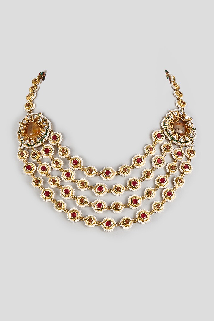 Gold Finish Hot Pink Natural Stone Meenakari Necklace by Kohar By Kanika at Pernia's Pop Up Shop