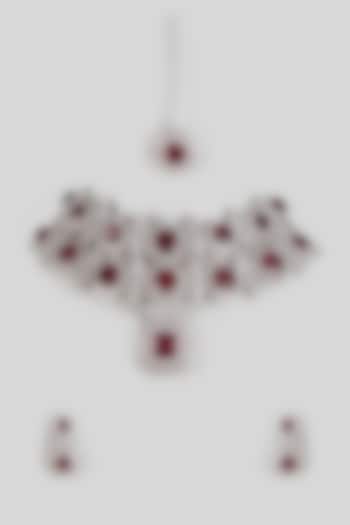 White Finish American Diamond & Synthetic Ruby Stone Necklace Set by Kohar By Kanika at Pernia's Pop Up Shop