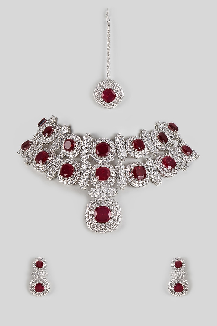 White Finish American Diamond & Synthetic Ruby Stone Necklace Set by Kohar By Kanika at Pernia's Pop Up Shop