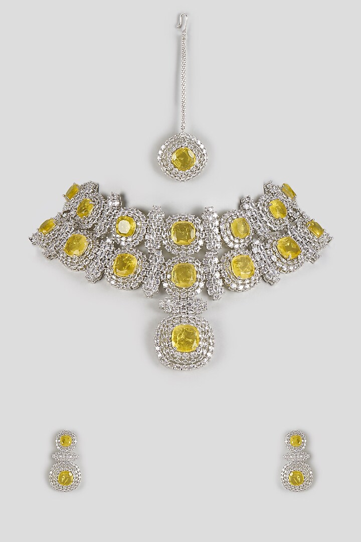 White Finish American Diamond & Synthetic Stone Necklace Set by Kohar By Kanika at Pernia's Pop Up Shop