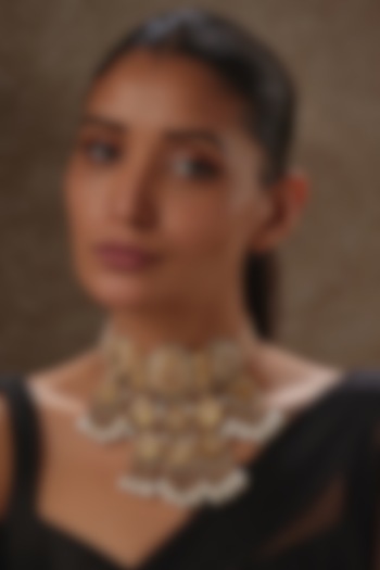 Gold Finish Natural Stone & Shell Pearl Meenakari Choker Necklace by Kohar By Kanika at Pernia's Pop Up Shop