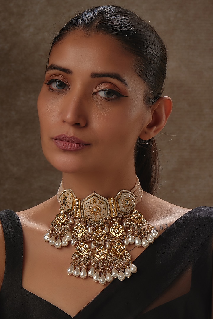 Gold Finish Natural Stone & Shell Pearl Meenakari Choker Necklace by Kohar By Kanika at Pernia's Pop Up Shop