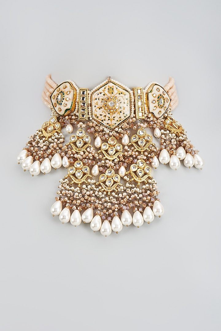 Gold Finish Natural Stone & Shell Pearl Meenakari Choker Necklace by Kohar By Kanika at Pernia's Pop Up Shop