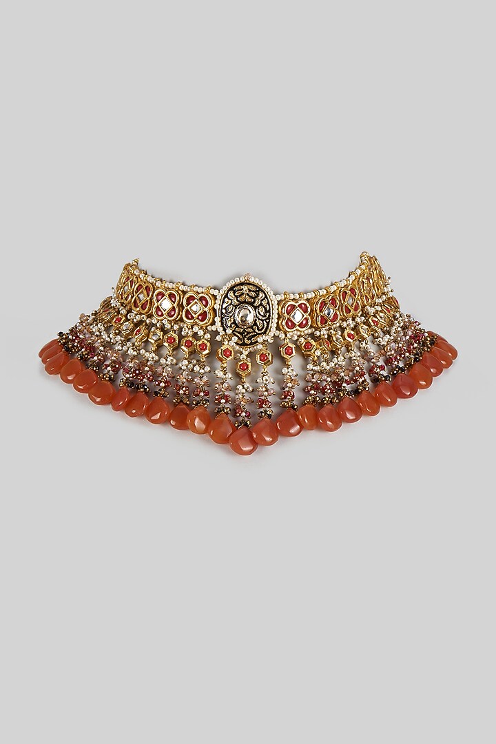 Gold Finish Hot Pink Natural Stone Meenakari Necklace by Kohar By Kanika at Pernia's Pop Up Shop