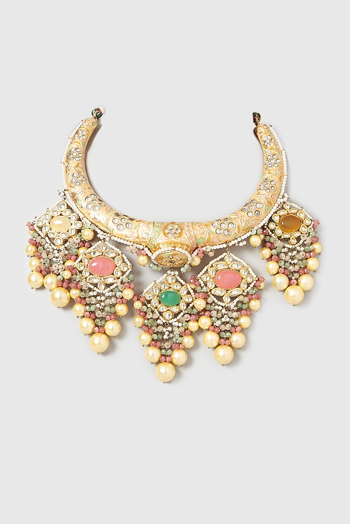 Gold Finish Kundan Polki & Multi-Colored Carved Stone Enamelled Necklace by Kohar By Kanika at Pernia's Pop Up Shop