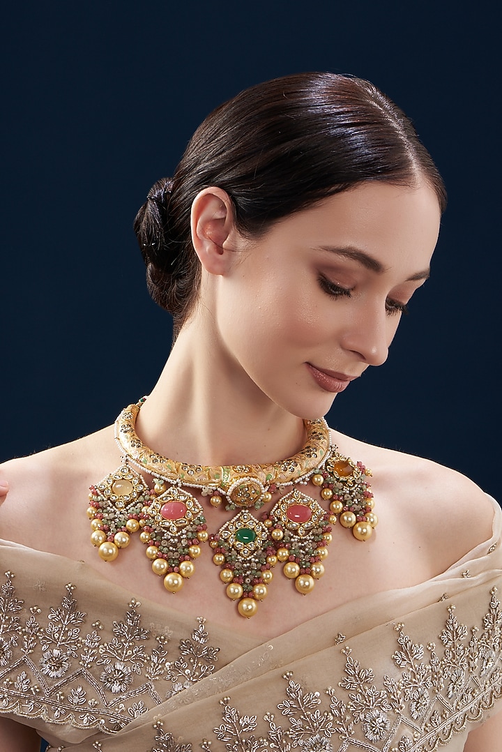 Gold Finish Kundan Polki & Multi-Colored Carved Stone Enamelled Necklace by Kohar By Kanika at Pernia's Pop Up Shop
