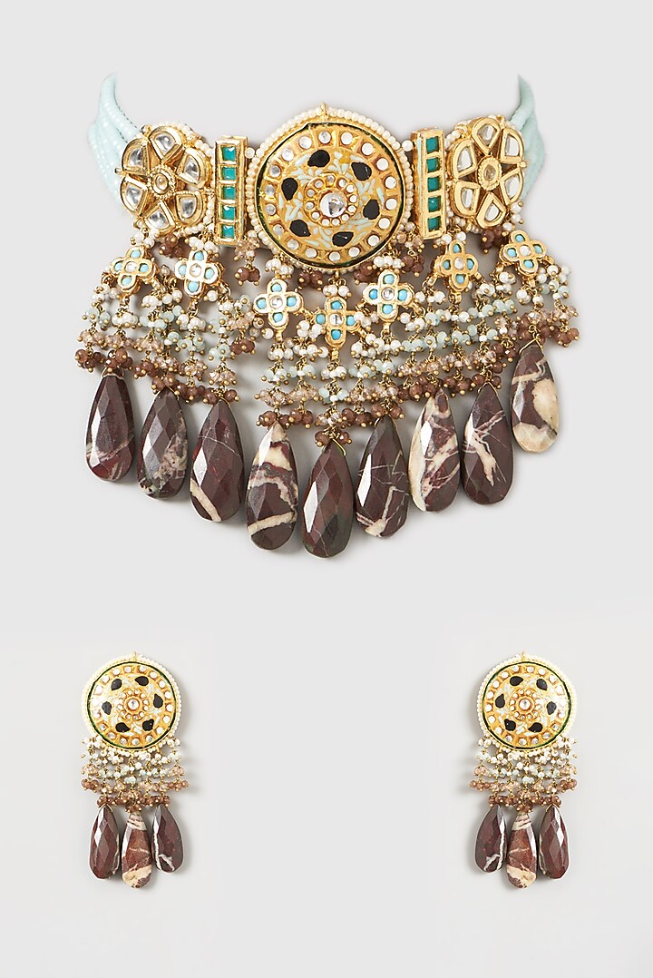 Gold Finish Brown Natural Stone Enamelled Choker Necklace Set by Kohar By Kanika at Pernia's Pop Up Shop