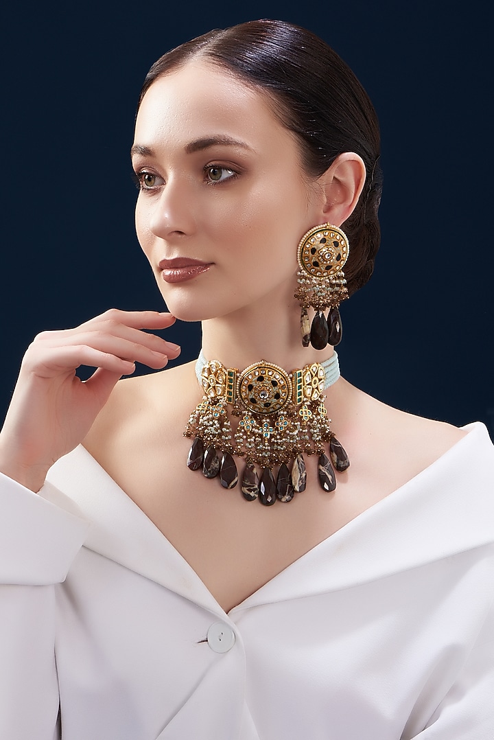 Gold Finish Brown Natural Stone Enamelled Choker Necklace Set by Kohar By Kanika at Pernia's Pop Up Shop