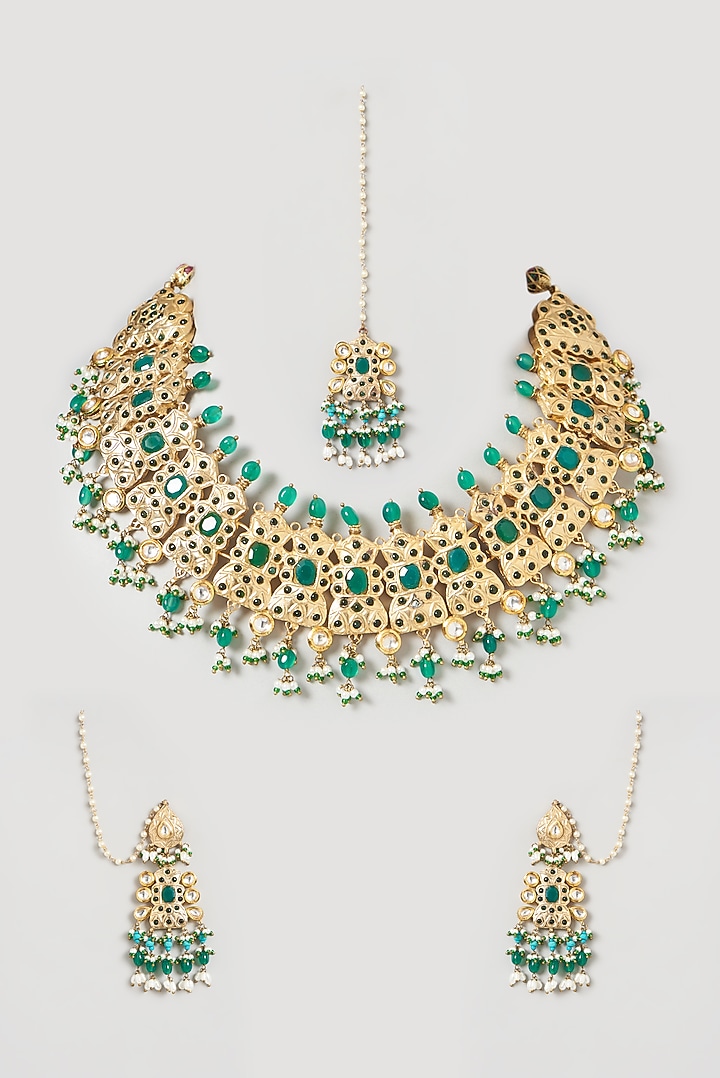 Gold Finish Kundan Polki & Emerald Stone Choker Necklace Set by Kohar By Kanika at Pernia's Pop Up Shop