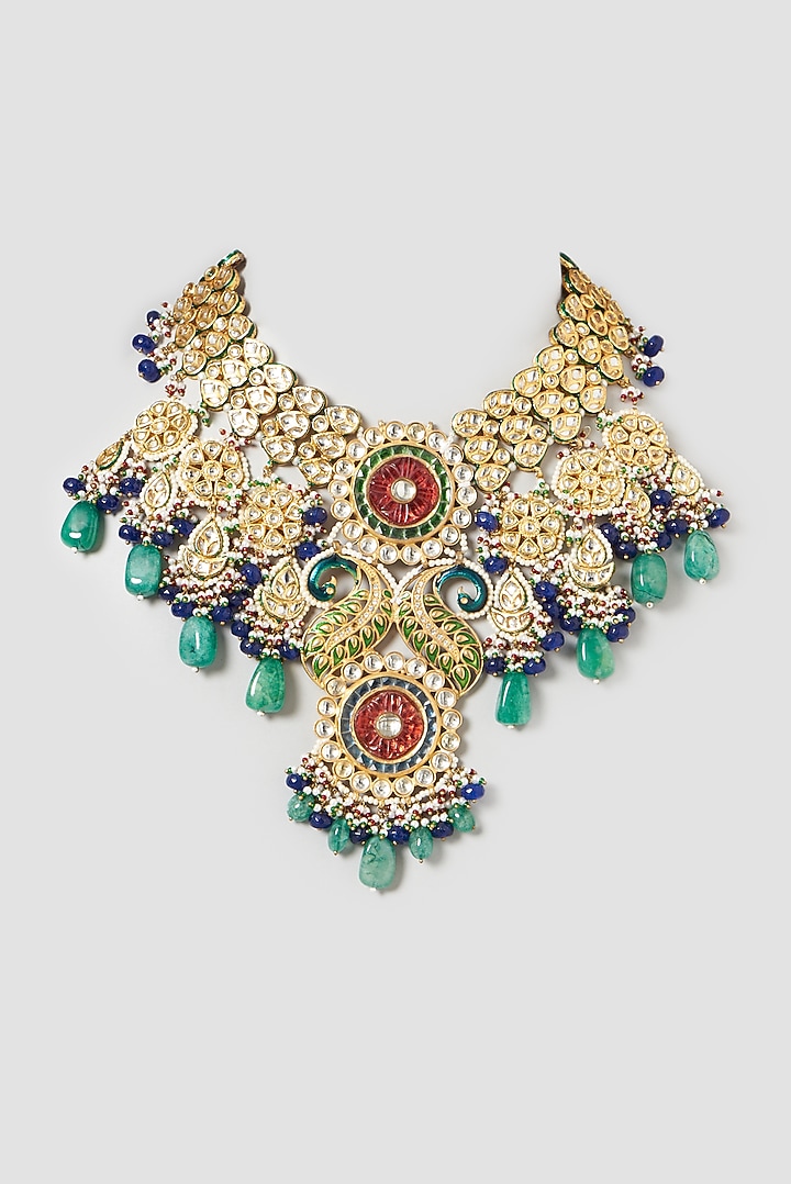 Gold Finish Kundan Polki & Carved Ruby Stone Enamelled Choker Necklace by Kohar By Kanika at Pernia's Pop Up Shop