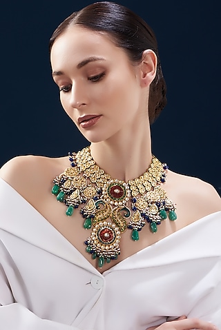 Gold Finish Kundan Polki & Carved Ruby Stone Enamelled Choker Necklace by Kohar By Kanika