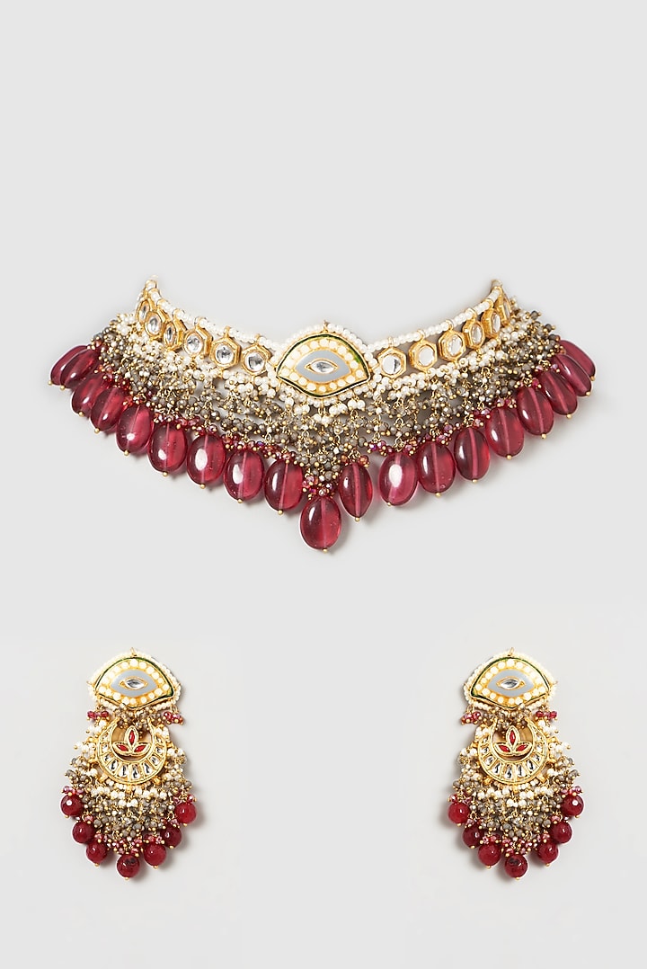 Gold Finish Kundan Polki & Natural Ruby Stone Enamelled Choker Necklace Set by Kohar By Kanika at Pernia's Pop Up Shop