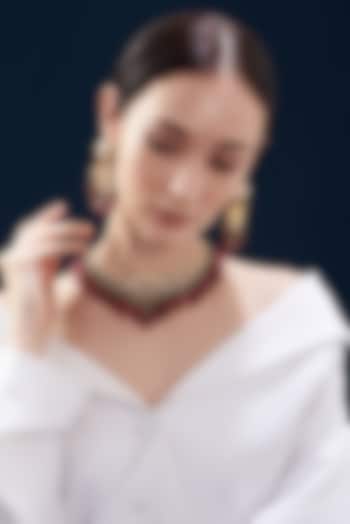 Gold Finish Kundan Polki & Natural Ruby Stone Enamelled Choker Necklace Set by Kohar By Kanika at Pernia's Pop Up Shop