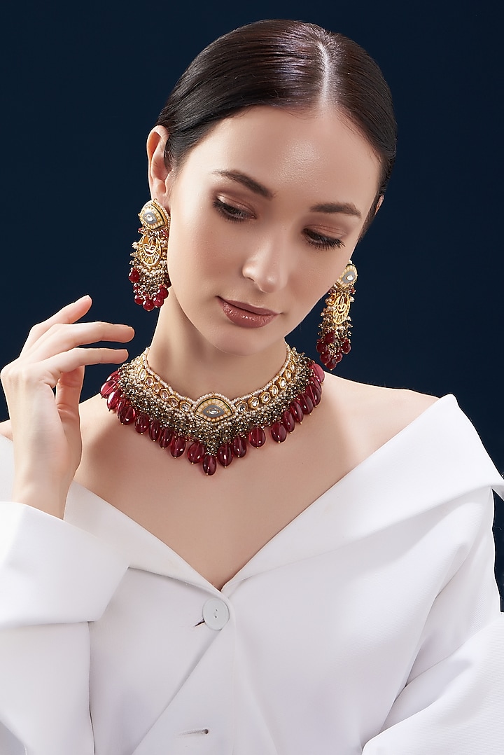 Gold Finish Kundan Polki & Natural Ruby Stone Enamelled Choker Necklace Set by Kohar By Kanika at Pernia's Pop Up Shop