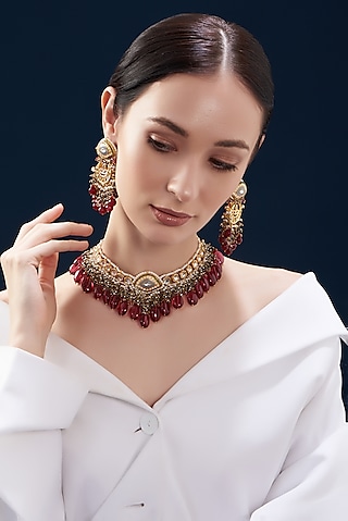 Gold Finish Kundan Polki & Natural Ruby Stone Enamelled Choker Necklace Set by Kohar By Kanika