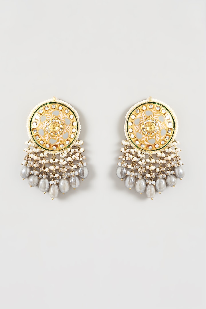 Gold Finish Grey Moonstone Meenakari Chandelier Earrings by Kohar By Kanika at Pernia's Pop Up Shop