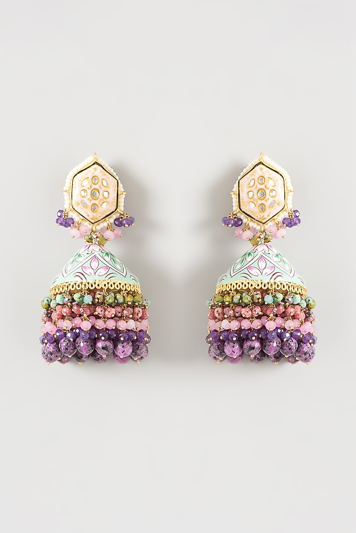 Gold Finish Kundan Polki & Beaded Meenakari Jhumka Earrings by Kohar By Kanika at Pernia's Pop Up Shop